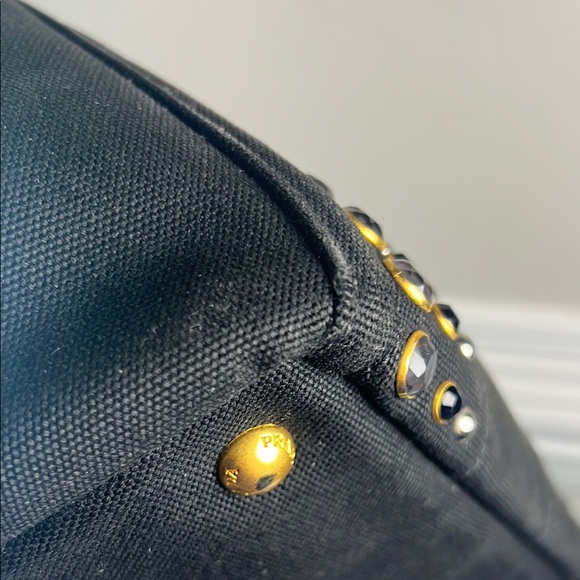 Prada Canapa Studded Black Denim Tote Bag - Picture 9 of 11